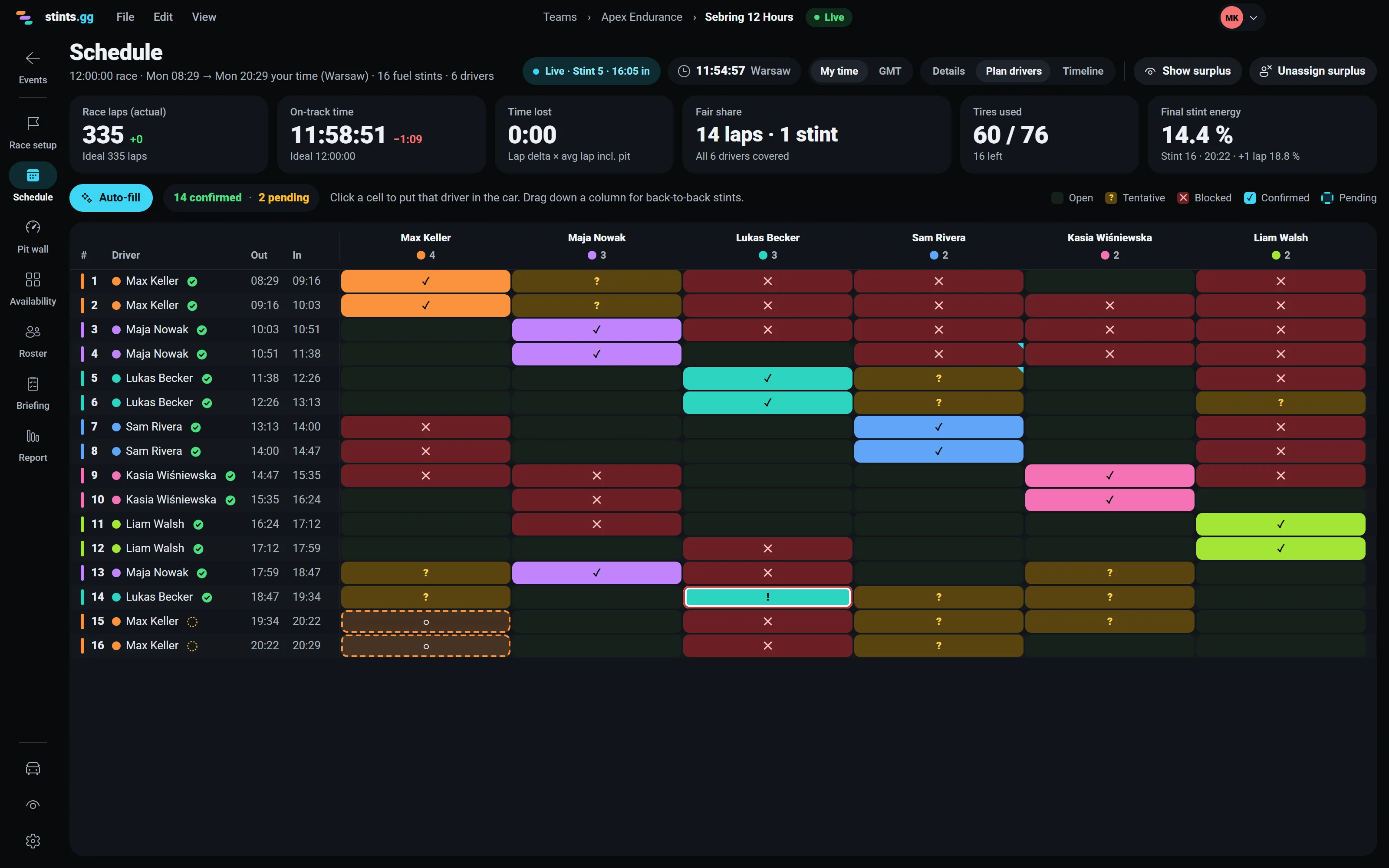 Plan drivers: stints by driver over each driver's availability, with Auto-fill and confirmed and pending counts.